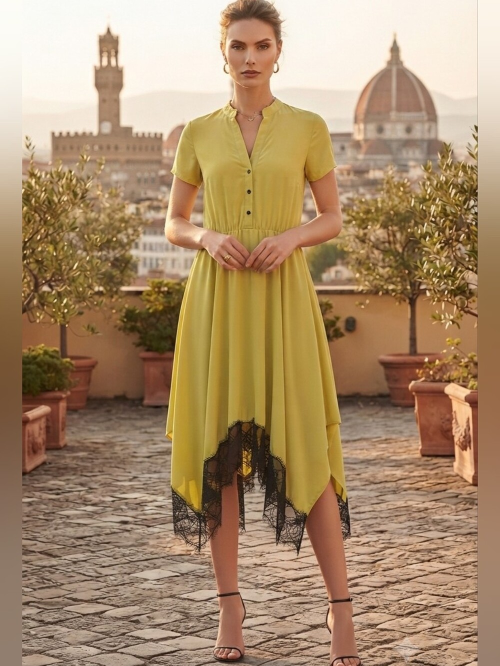 Rinascimento Yellow Asymmetrical Dress with Black Lace Hem large